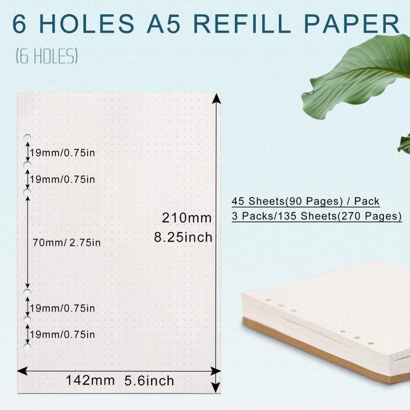 Toplive [3 Pack] A5 Refill Paper - 100GSM Thick 6 Hole Filler Inserts, 135 Sheets (270 Pages) for 6 Ring Binder Journal Notebook, Dotted - Image 3